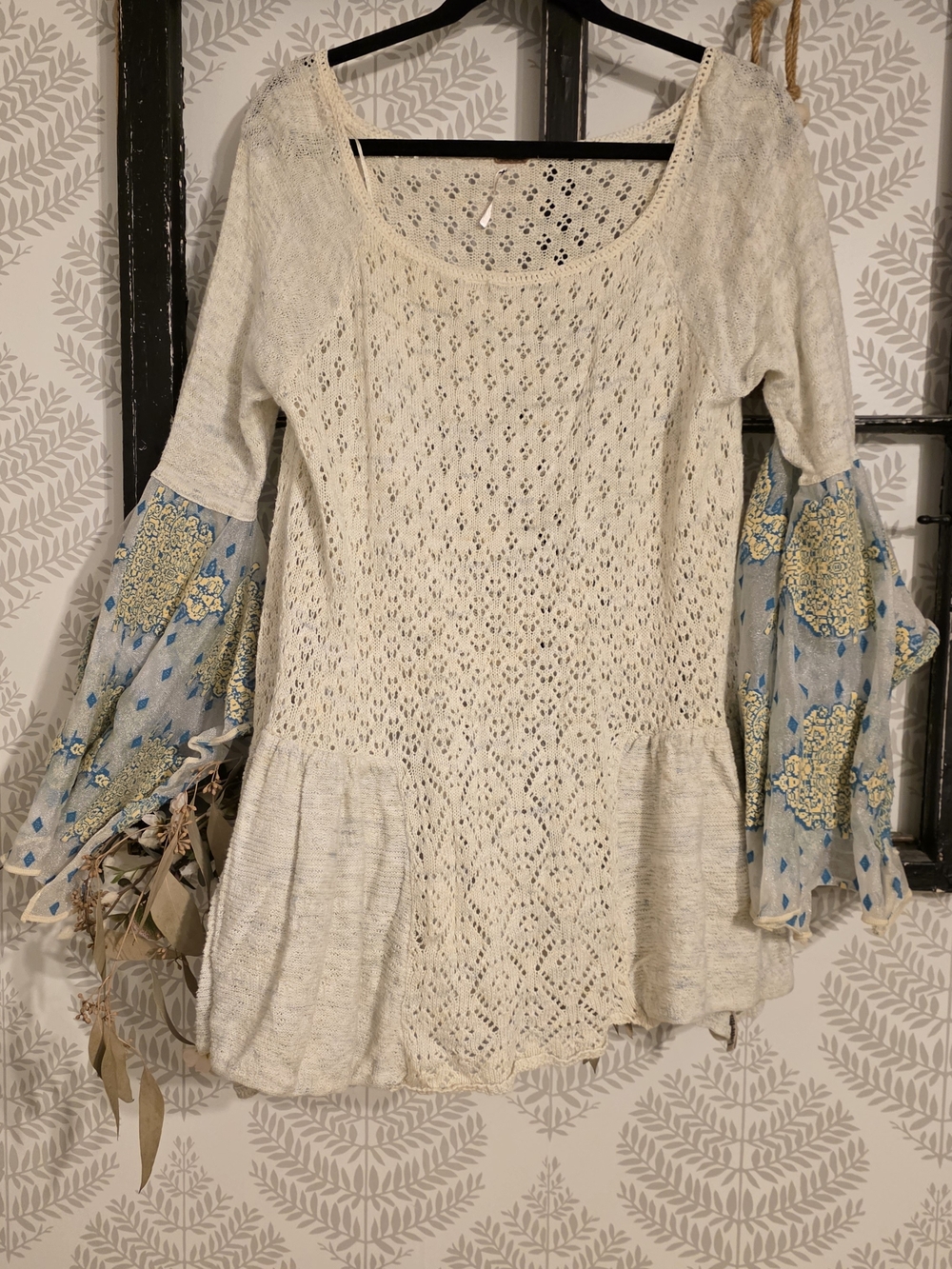 Free People Cream Open Knit Tunic with Blue Floral Bell Sleeves
